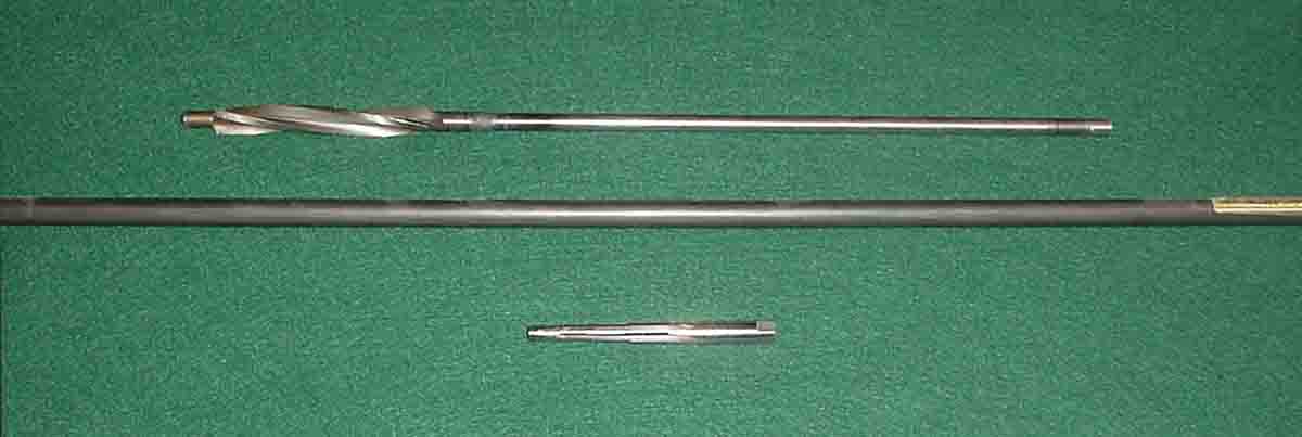 Barrel reaming bit (top), T.J.’s liner in .32-20 caliber (middle) and .32-20 chambering reamer.